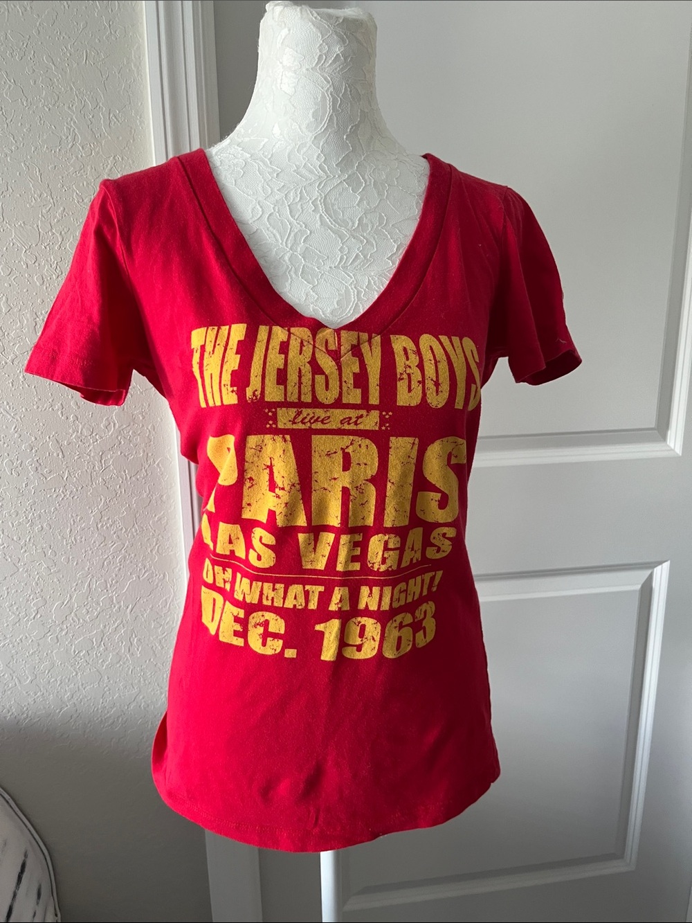 Next Level The Jersey Boys Red V-Neck Graphic Tee with Yellow Print